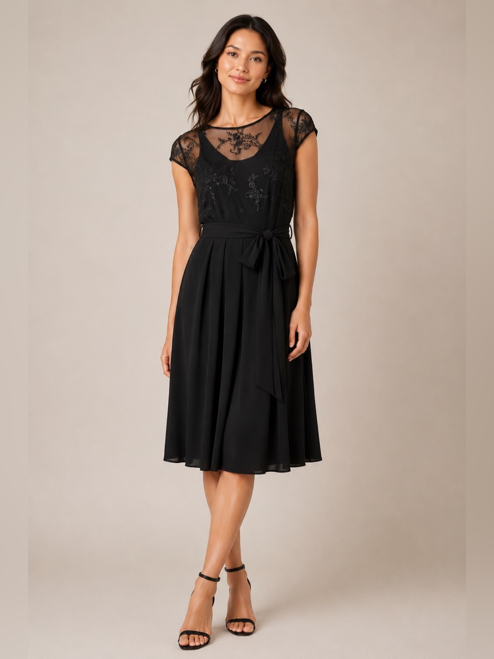 Ralph Lauren Black Midi Cocktail Dress with Sheer Embroidered Bodice